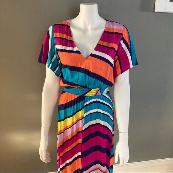 Trina Turk dress Small colorful midi Flutter sleeve striped v neck tropical NWT - Picture 2 of 8